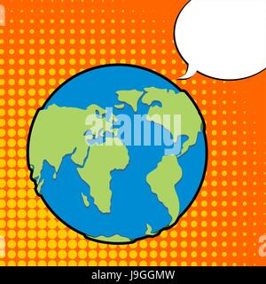 Erde im Pop-Art-Stil. Planetenerde und Blase. Text-Blase. Land, sagt. Erde. Globus und Blase. Illustration für Earth Day Stock Vektor