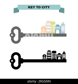 Schlüssel zur Stadt. Klassische Schlüssel und Stadt Gebäude. Büro-Hochhäuser und Geschäfte. Stock Vektor