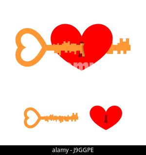 Schlüssel und Liebe. Schlüssel zum Herzen. Rote Liebe mit Verschlussloch. Tastensperre aus Herzen des geliebten Menschen. Element für den Valentinstag am 14. Februar. Stock Vektor