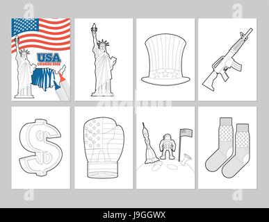 USA-Malbuch. Patriotische Illustrationen in linearen Stil der Malerei. Statue of Liberty und Uncle Sam Hut. erster Astronaut auf dem Mond. Socken mit natio Stock Vektor