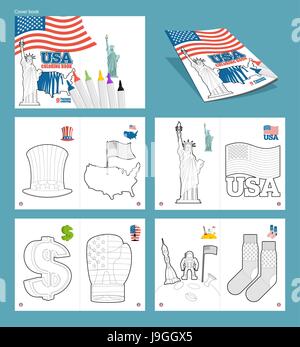 USA-Malbuch. Patriotische Illustrationen. STATEL Symbole Amerika. Uncle Sam Hut und Karte Land. Statue der Freiheit und USA Flagge. Dollar-Symbol, boxi Stock Vektor