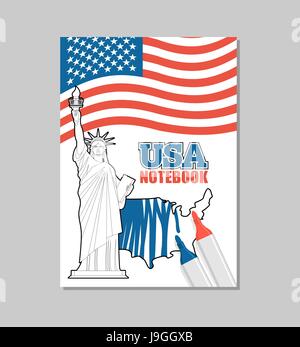 USA-Notebook. Amerikanische Abdeckungen für die Färbung der Broschüre. Nationaler Buch, Broschüre. Freiheitsstatue und Karte von Amerika Stock Vektor