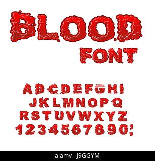 Blut-Schriftart. Rote Flüssigkeit Brief. Flüssige Lettring. Blutige ABC des scharlachroten Zeichen. Alphabet-gore Stock Vektor