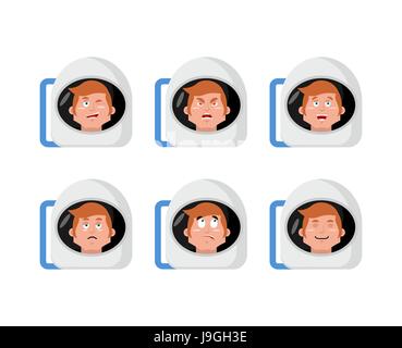 Emotionen Astronaut. Setzen Sie Ausdrücke Avatar Spaceman. Gut und Böse. Überraschung und Spaß. Traurig und aggressiv. Weltraumhelm Stock Vektor