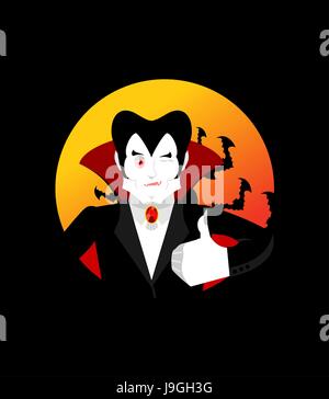 Dracula Thumbs up zeigt gut. Vampir zwinkert. Melden Sie sich alles in Ordnung. Jolly Good Ghoul. Mimikry Lächeln auf seinem Gesicht. Geste Händen okay. Illustration für hallowe Stock Vektor