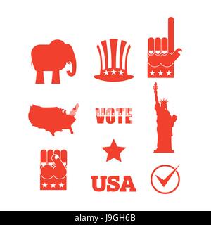 Republikanische Elefant-Wahlen-Icon-Set. Symbole der politischen Parteien in Amerika. Freiheitsstatue Liberty und USA Karte. Faust und Uncle Sam Hut Stock Vektor