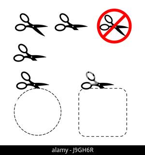 Schere und Schnitt Linie. Gepunktete Linie zum Schneiden. Design-Element. Runde und eckige Rahmen. Es ist unmöglich, schneiden mit Schere Verbots-Schild Stock Vektor