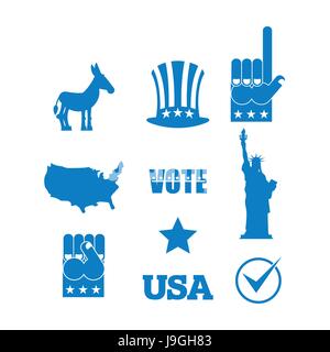 Demokrat Esel-Wahl-Icon-Set. Symbole der politischen Parteien in Amerika. Freiheitsstatue Liberty und USA Karte. Faust und Uncle Sam Hut Stock Vektor