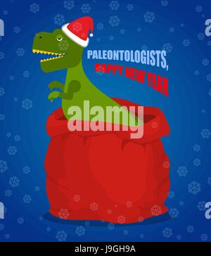 Neue Jahr Paläontologen. Dinosaurier T-Rex in roten Sack Santa Claus. Tyrannosaurus gratuliert zu Weihnachten. Prähistorische Raubtier. Big-Bag mit Geschenken Stock Vektor