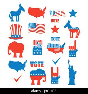 Wahlen in Amerika-Icon-Set. Republikanische Elefant und demokratischen Esel. Symbole der politischen Parteien in Amerika. Freiheitsstatue Liberty und USA Karte. Faust ein Stock Vektor
