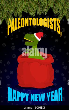 Neue Jahr Paläontologen. Dinosaurier T-Rex in roten Sack Santa Claus. Tyrannosaurus gratuliert zu Weihnachten. Prähistorische Raubtier. Big-Bag mit Geschenken Stock Vektor
