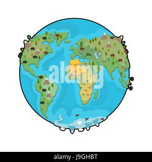 Planetenerde und Tiere. Tier auf Kontinenten. Weltkarte. Geografischer Globus mit Wildtieren Stock Vektor
