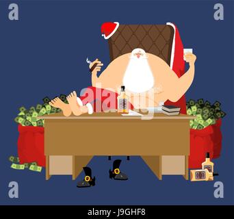 Santa, nach der Arbeit entspannt. Rich Claus und rote Tasche mit Geld. Getränk und Zigarre. eine Flasche Whiskey und Glas mit Eis. Büroarbeitsplatz. Das Ergebnis für Chr Stock Vektor