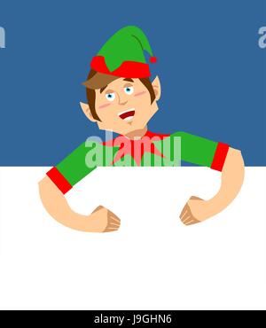 Santa Elf und Leerzeichen. Platz für Text. Xmas-Template-Design. Claus Helfer. Weihnachts-Banner. Neujahr-Werbung Stock Vektor