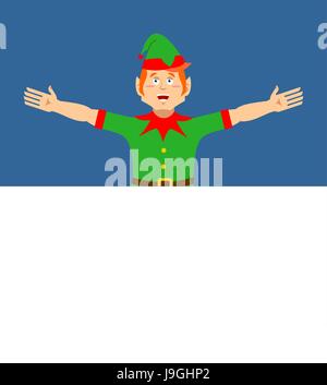 Santa Elf und Leerzeichen. Platz für Text. Xmas-Template-Design. Claus Helfer. Weihnachts-Banner. Neujahr-Werbung Stock Vektor