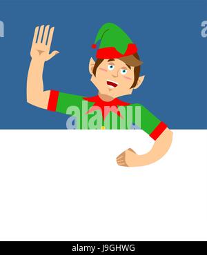 Santa Elf und Leerzeichen. Platz für Text. Xmas-Template-Design. Claus Helfer. Weihnachts-Banner. Neujahr-Werbung Stock Vektor