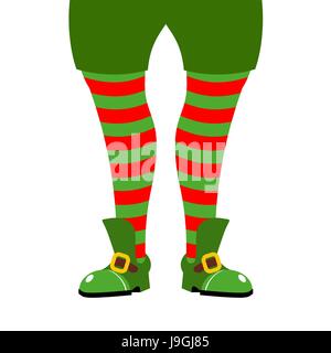 Bein Weihnachtself. Gestreifte Strümpfe und grüne Schuhe. Assistent des Weihnachtsmannes. Illustration für Neujahr Stock Vektor