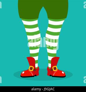 Bein Weihnachtself. Gestreifte Strümpfe und rote Schuhe. Assistent des Weihnachtsmannes. Illustration für Neujahr Stock Vektor