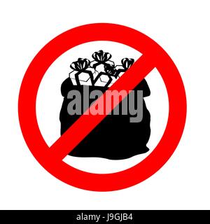 Geschenke zu stoppen. Es ist verboten, Giftt geben. Emblem gegen Santa Claus. Rotes Schild Verbot große Tasche. Ban-Weihnachten Stock Vektor