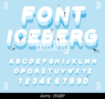 Eisberg-Schriftart. 3D-Buchstaben aus Eis. Eis-Alphabet-Buchstaben. ABC des Schnees. Großes kaltes Eis. Pinguine-Tiere der Arktis. Tiere der Antarktis. Walrosse und se Stock Vektor