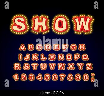 Schriftart anzeigen Leuchtende Lampe Briefe. Retro-Alphabet mit Lampen. Jahrgang ABC mit Glühbirne. Glitzernde Lichter Schriftzug Stock Vektor