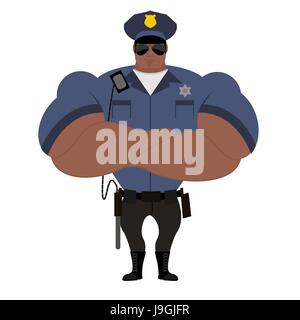 Polizei-Afro-Amerikaner. Polizist in der Leistung. Starke Hüterin des Rechts im blauen Uniform. Polizei Abzeichen und Schlagstock. Schwarzen Strongman policema Stock Vektor