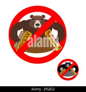 Russisch zu stoppen. Es ist für Menschen in Russland verboten. Daumen-Bär mit Akkordeon. Russische Touristen-Warnung. Roten Verbotszeichen. Allegorie Verbot Russisch. Stock Vektor