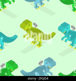 Spielzeug Dinosaurier Musterdesign. Ein Uhrwerk Tyrannosaurus Rex Isometrien. Prähistorische Eidechse Textur. Kinder Stoff Muster alten Tier Raubtier Stock Vektor