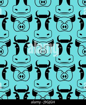 Kuh und Schwein Musterdesign. Leiter der Eber und Bull-Ornament. Schweine- und Rindfleisch Textur. Niedliche Tiere. Retro-Hintergrund für Kinder Stoff Stock Vektor