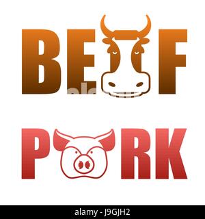 Schweine- und Rindfleisch Textlogo. Kühe und Schweine. Typografie Stock Vektor