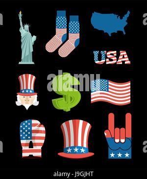Amerika Symbolsatz. USA National Landmark. Geben Sie traditionelle Symbole. Karte und Flagge der USA. Freiheitsstatue und Uncle Sam. Dollar und Stern. Pat Stock Vektor