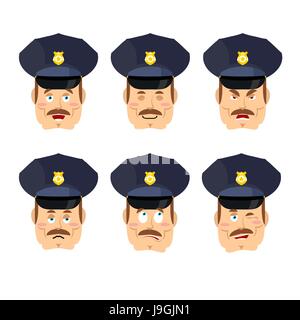 Emotionen-Polizist-Symbol. Legen Sie Ausdrücke Avatar COP gut und Böse. Entmutigt und fröhlich. Gesicht Constable Polizei Stock Vektor