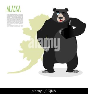Amerikanischer Schwarzbär Baribal und Alaska. Grizzlies zeigt Daumen hoch und zwinkert. Gute Tierzeichen in Ordnung. Wildes Tier und Karte US-Bundesstaates Stock Vektor