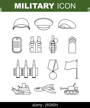 Military-Linie-Symbol. Eingestellte Armee Symbol. Soldaten-Helm. Green Beret. Tank und Schlachtschiff. Medaille für Tapferkeit und Flagstaff. Patronengürtel und platzen Stock Vektor