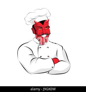 Hölle von Cook. Teufel-Küche. Satan im Chef Koch. Koch-Dämonen mit Hörnern. Rot Beelzebub Küche im Restaurant. Beängstigend Profiküche Arbeitskraft. COO Stock Vektor