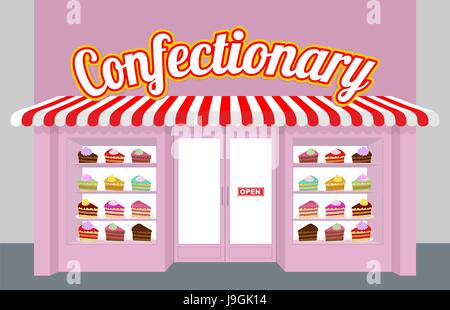 Konfekt. Schaufenster mit Kuchen. Kuchenstücke auf einem Teller. Süßes Dessert im Schaufenster verkauft. Hübsche rosa Gebäude Shop von Süßigkeiten. Stock Vektor