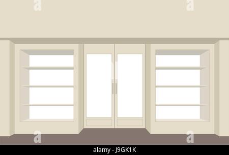 Fassade-Shop. Leere Schaufenster. Gebäude für Speicher. Vitrinen Regale Fenster. Stock Vektor