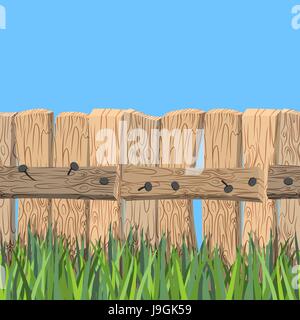 Holzzaun und blauer Himmel. Alten Holzbrettern und grünen Rasen. Zaun aus Holzbrett steht auf der grünen Wiese. Horizontale Musterdesign Zaun. Stock Vektor