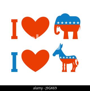 Ich liebe Demokrat. Ich mag Republikaner. Symbol des Herzens, Esel und Elefanten. Plakat für die Wahlen in den USA. Politische Debatte in den USA. Patriotische Emblem U Stock Vektor