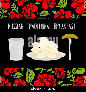 Russische traditionelle Frühstück: Wodka, Knödel und Gurke. Russische Blume Ornament. Stock Vektor