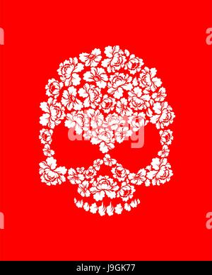 Floral Skull auf rotem Grund. Weiße Rosen und Skelett Kopf. Schöne Flora Schädel Stock Vektor