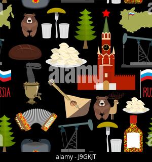 Russischen Symbole Musterdesign. Russland nationalen Ornament. Staatliche traditionellen Hintergrund. Moskauer Kreml und Bär. Karte von Russland und Samowar. Ohrenklappen Stock Vektor