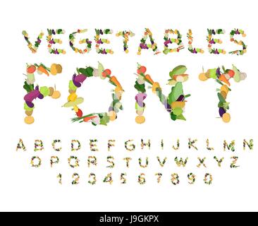 Vegetarische Schriftart. Alphabet der Gemüse. Essbare Briefe. Kartoffeln und Karotten Briefe. Vegane ABC Stock Vektor