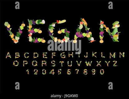 Vegan-Schriftart. Alphabet der Gemüse. Essbare Briefe. Kartoffeln und Karotten Briefe. Vegetarisches ABC Stock Vektor