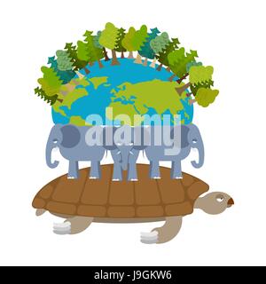 Mythologische Planetenerde. Schildkröte mit Elefanten. Antike Darstellung der Welt Stock Vektor