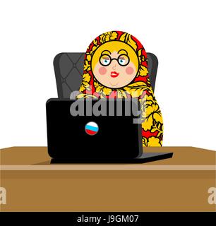 Russische Hacker. Matroschka und Laptop. IP-Technologie in Russland. Traditionelle folk Spielzeug. Verschachtelte Puppe Stock Vektor
