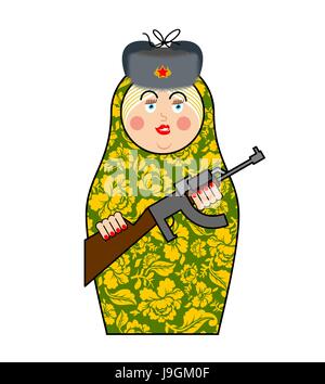 Militärische Matrioshka mit Gewehr. Neue russische Folklore Nested Puppe. Nationalen Spielzeug. Traditionelles Spielzeug in Russland Stock Vektor