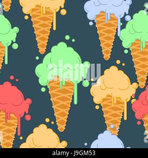 Eis in der Waffel Kegel Musterdesign. Kaltes Dessert Textur. Erdbeeren, Pistazien und Banane Geschmack Stock Vektor