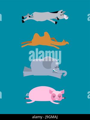 Tiere schlafen legen 4. Esel und Elefanten. Kamel und Schwein. Wildes Tier schläft. Verschlafene Tier Stock Vektor