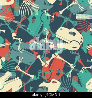 Nahtlose Muster Skelett Dinosaurier. Dino-Knochen Ornament. Tyrannosaurus-Schädel-Hintergrund. Prähistorische Reptilien Textur. Stock Vektor